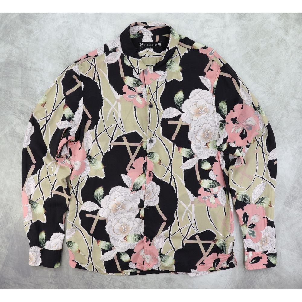 All Saints Fuyugi LS Shirt Mens M Black Pink Floral Japanese Print Viscose